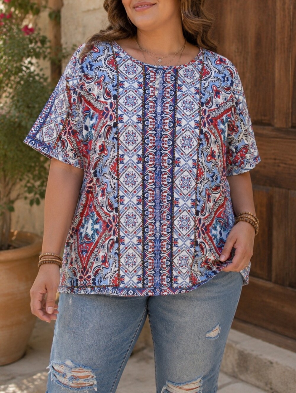 Alia Red Blue White Paisley Geometric Short Sleeve Boho Tee Casual Resort Top